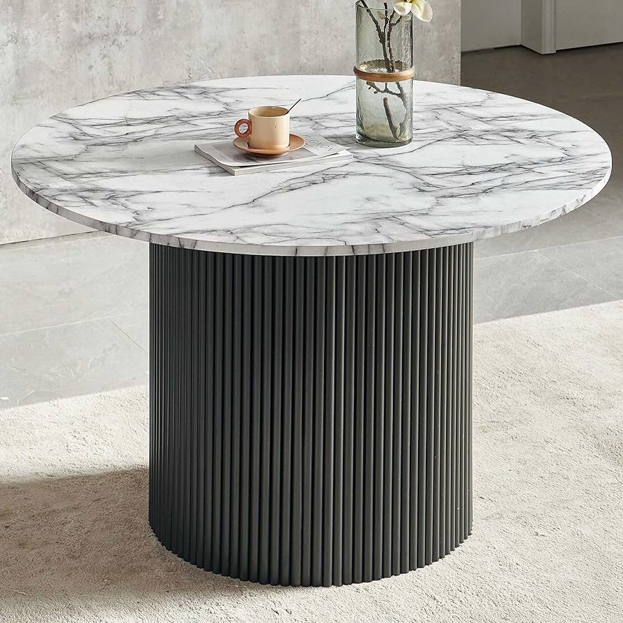 Modern Round Pedestal Dining Table for 4-6, 47" Kitchen Table with Faux Marble Grain Tabletop Engineered Wood Base, Classic Dinner Table Fluted Easy A