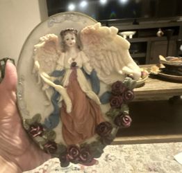 Vintage 90s 3D Resin Angel Wall Plaque Collector Plate Maroon Roses 8x6