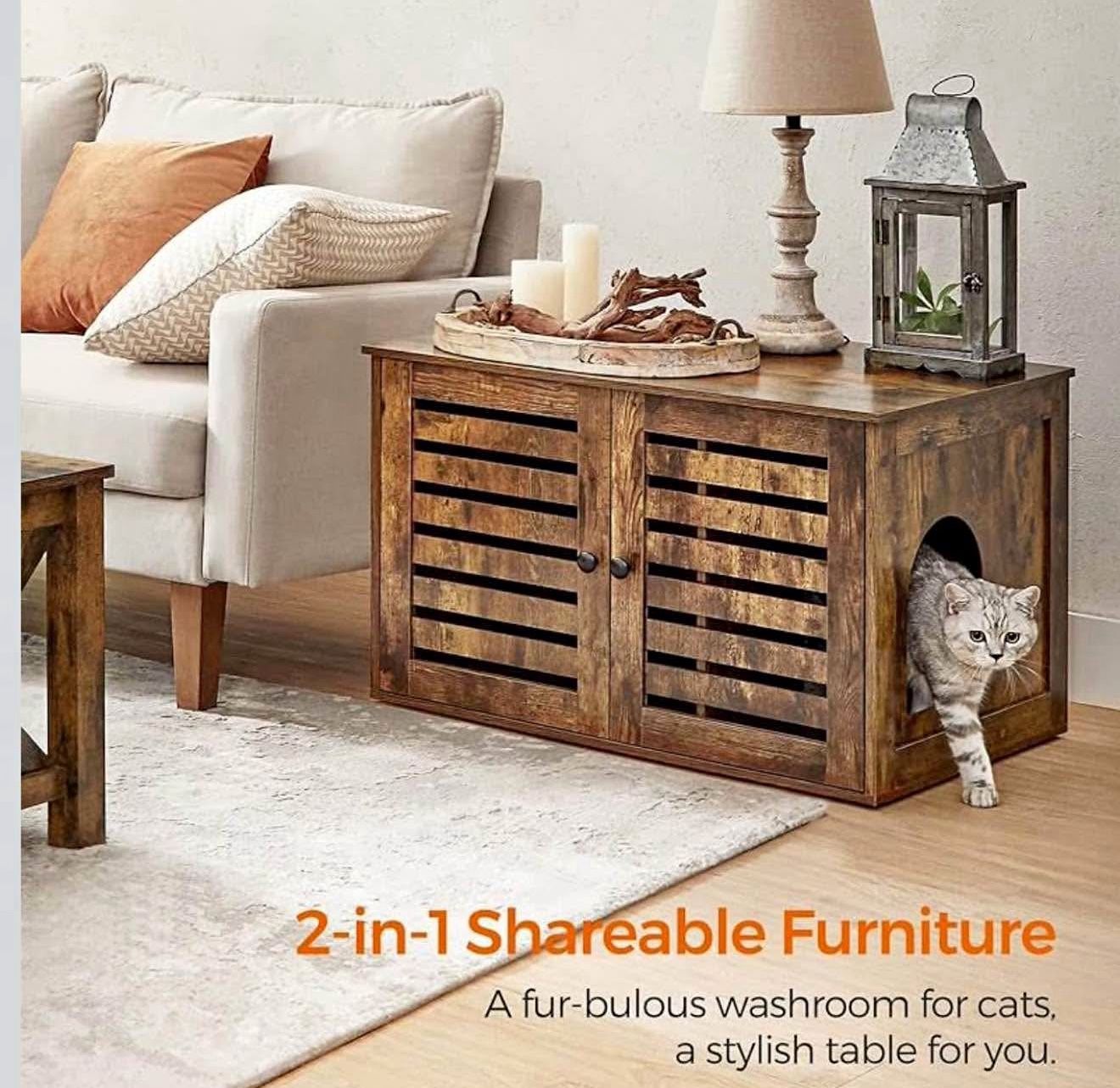 Cat Litter Box Enclosure, Litter Box Furniture Hidden with Removable Divider, 2 Shutter Doors, Indoor Cat House, End Table, 80 x 53 x 49 c