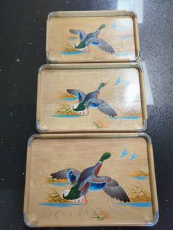 Vintage MCM HANDPAINTED WOODEN ALUMINUM CORNERS SERVING TRAY MALLARD DUCK SCENE