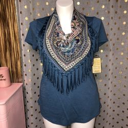 NWT Energe Size Medium Blue Top W/Removable Fringe Scarf PIT TO PIT:  38” LENGTH: 25”