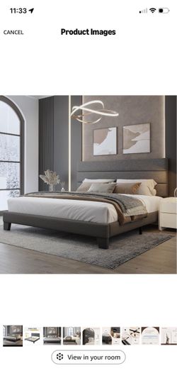 King Size Fabric Bed Frame with Upholstered Headboard, Dark Grey Linen Fabric Upholstered Headboard, Wooden Slats Support, Heavy Duty Mattress Foundat