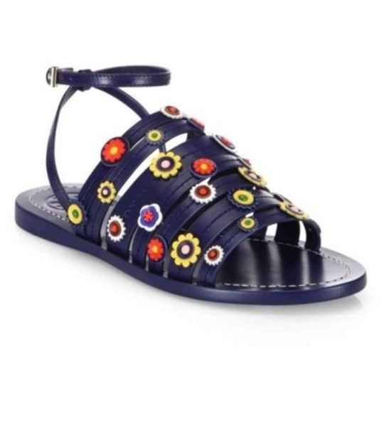 TORY BURCH Marguerite Floral Leather Flat Ankle-Strap Sandals Size 7.5 Blue Navy