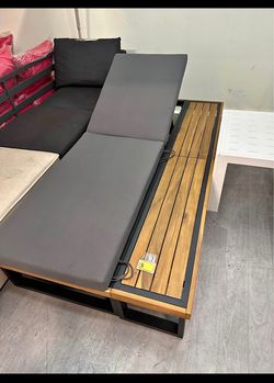New Outdoor Patio Chaise Lounge Metal Frame Acacia Wood Adjustable 3-Fold Cushions Pool Side Recline