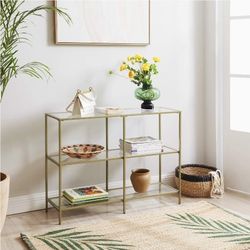 Console Table, 3-Tier Tempered Glass Sofa Table, Modern Storage Shelf, Sturdy, Easy Assembly, for Living Room, Bedroom, Kitchen, Golden 