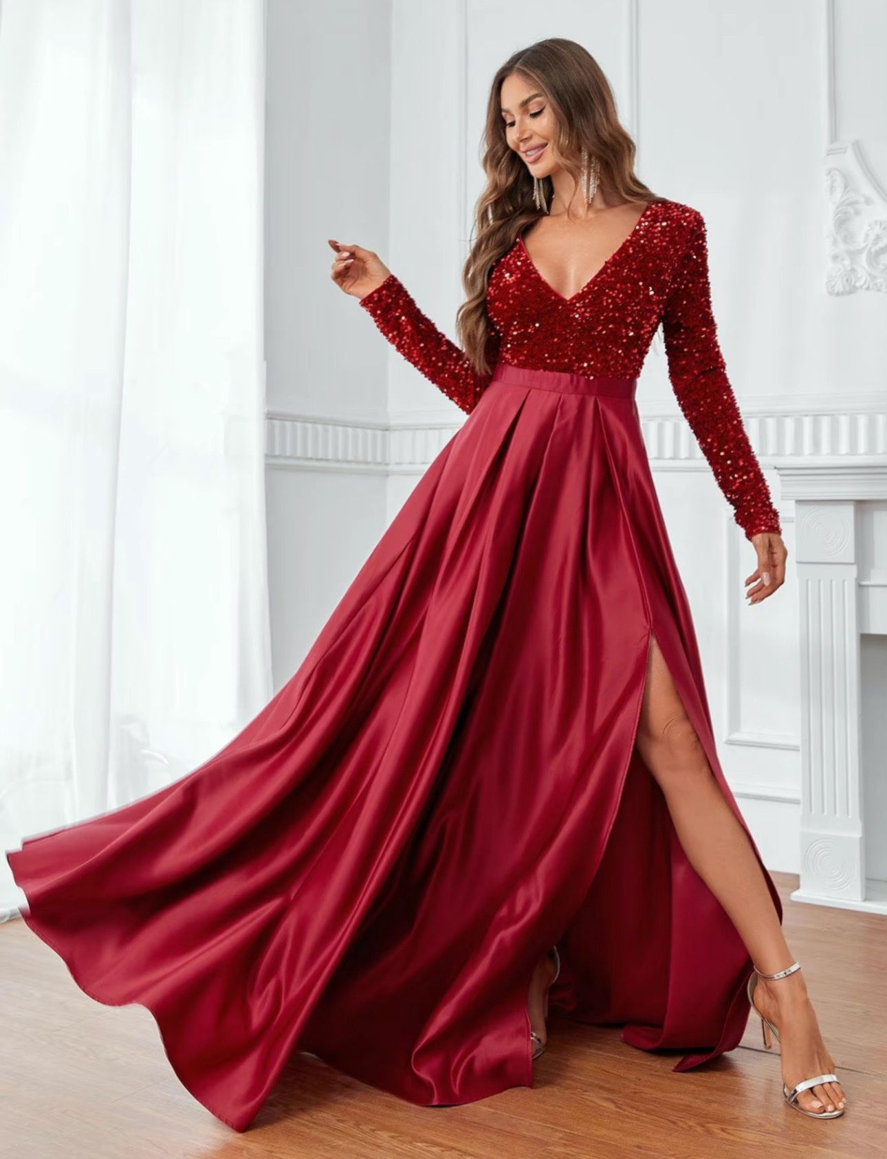 dressalisa,V Neck Sequin Evening Dresses Long Sleeves Satin