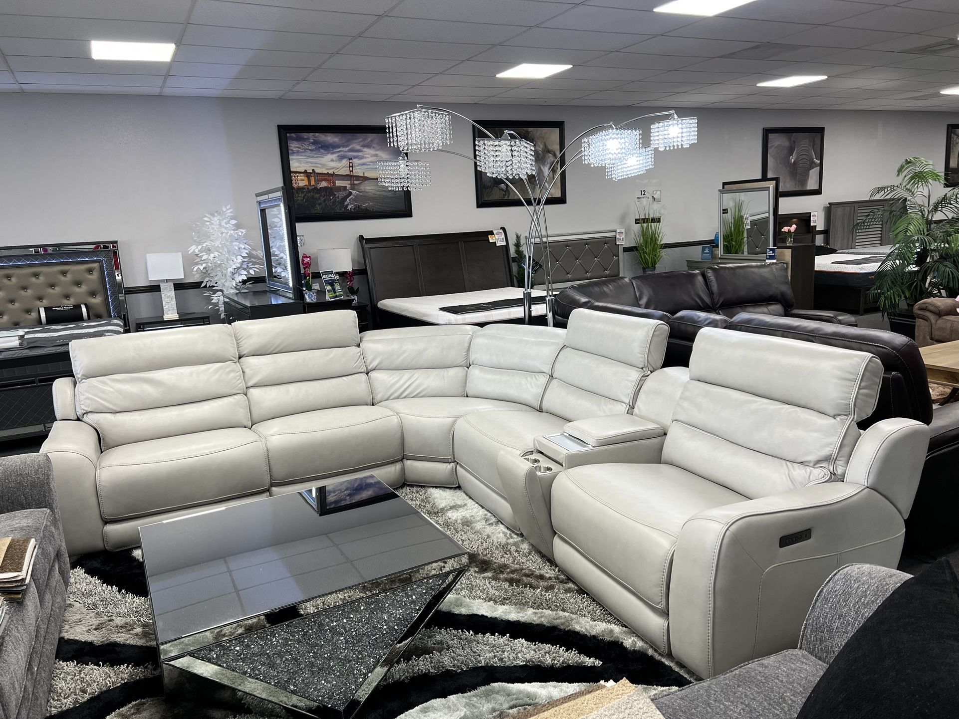 Light Gray Leather Sofa Sectional w/ Wireless Charger & Power Motion Recliners & Adjustable Head Rest 