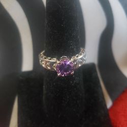 Women's Silvertone Solitaire Amethyst Gemstone Stone  Cocktail Ring