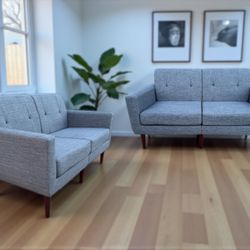 HUIMO Blue Linen-Look Fabric MCM 2 Loveseats Set