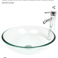 Glass Vessel Sink with Faucet Set,Bathroom Vanity Round Bowl(Crystal)

