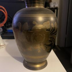 Etched, two tone brass vase; unique brass vase