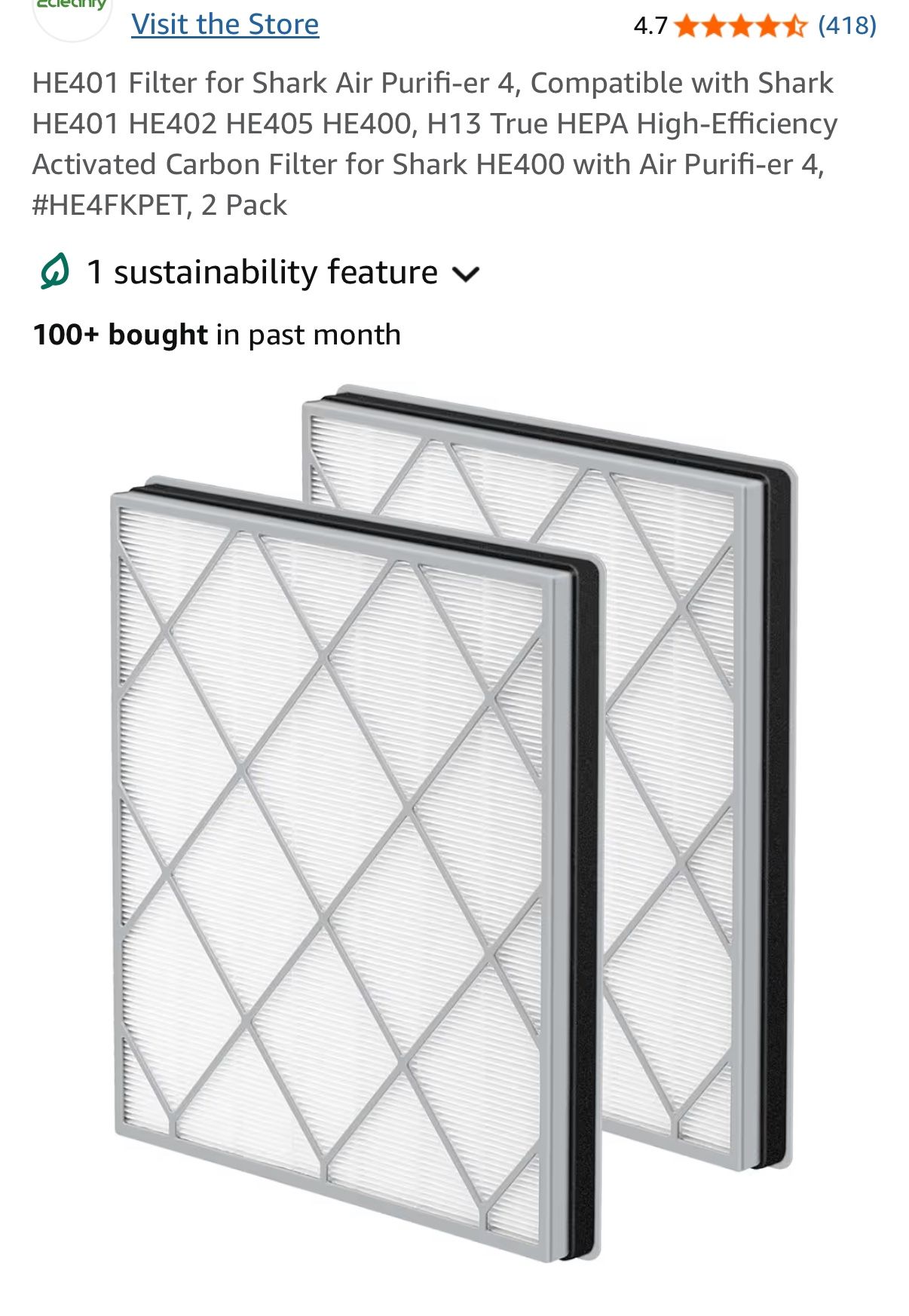 HE401 Filter for Shark Air Purifi-er 4, Compatible with Shark HE401 HE402 HE405 HE400, H13 True HEPA High-Efficiency Activated Carbon Filter for Shark