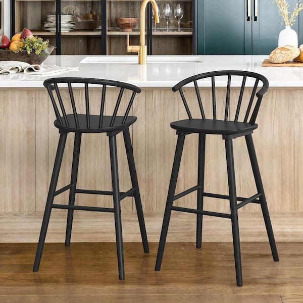 Windsor 30 in. Black Solid Wood Bar Stool for Kitchen Island Counter Stool with Spindle Back Set of 2