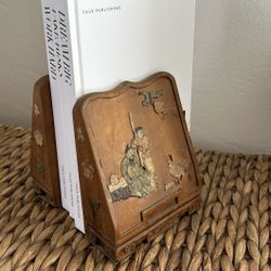 Antique 2- 1920s Chinese carved Solid teakwood bookends inlaid soapstone Carving Vintage Rare Vintage Collectibles 