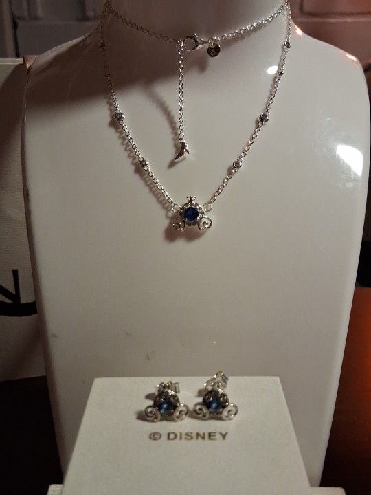 Pandora Disney 2 Pc Authentic Brand New Cinderella Pumpkin Coach Crystal Sterling Silver Neckless & Stud Earrings Set