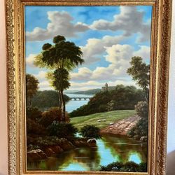 Gorgeous Countryside Painting In Ornate Gold Frame 