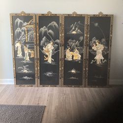 Four Japanese Mother Of Pearl Lacquer Black Panels