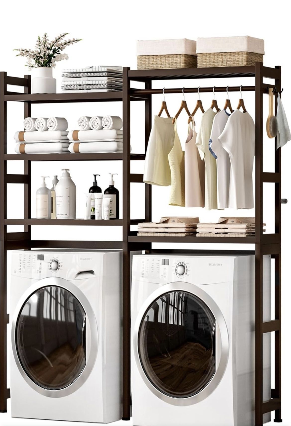 Over The Washer and Dryer Storage Shelf Bamboo,5 Tiers Laundry Room Drying Rack with Adjustable Shelves and 4 Hooks,Space Saver Organizer for Hanging