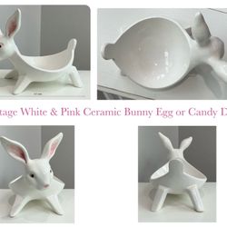 Vintage White & Pink Ceramic Bunny Egg or Candy Dish 