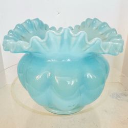 VTG Fenton Blue Cased Glass  Melon Ribbed Ruffled Rim Rose Bowl