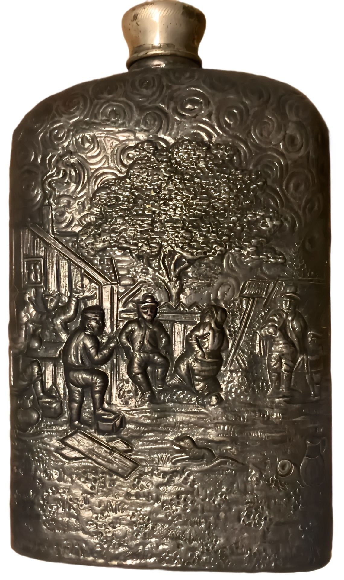 Vintage Dutch Silver Repoussé Relief Reproduction Drinking Flask