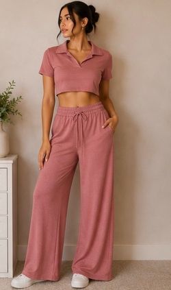 Dusty Rose Polo Top & Wide Leg Pants Set