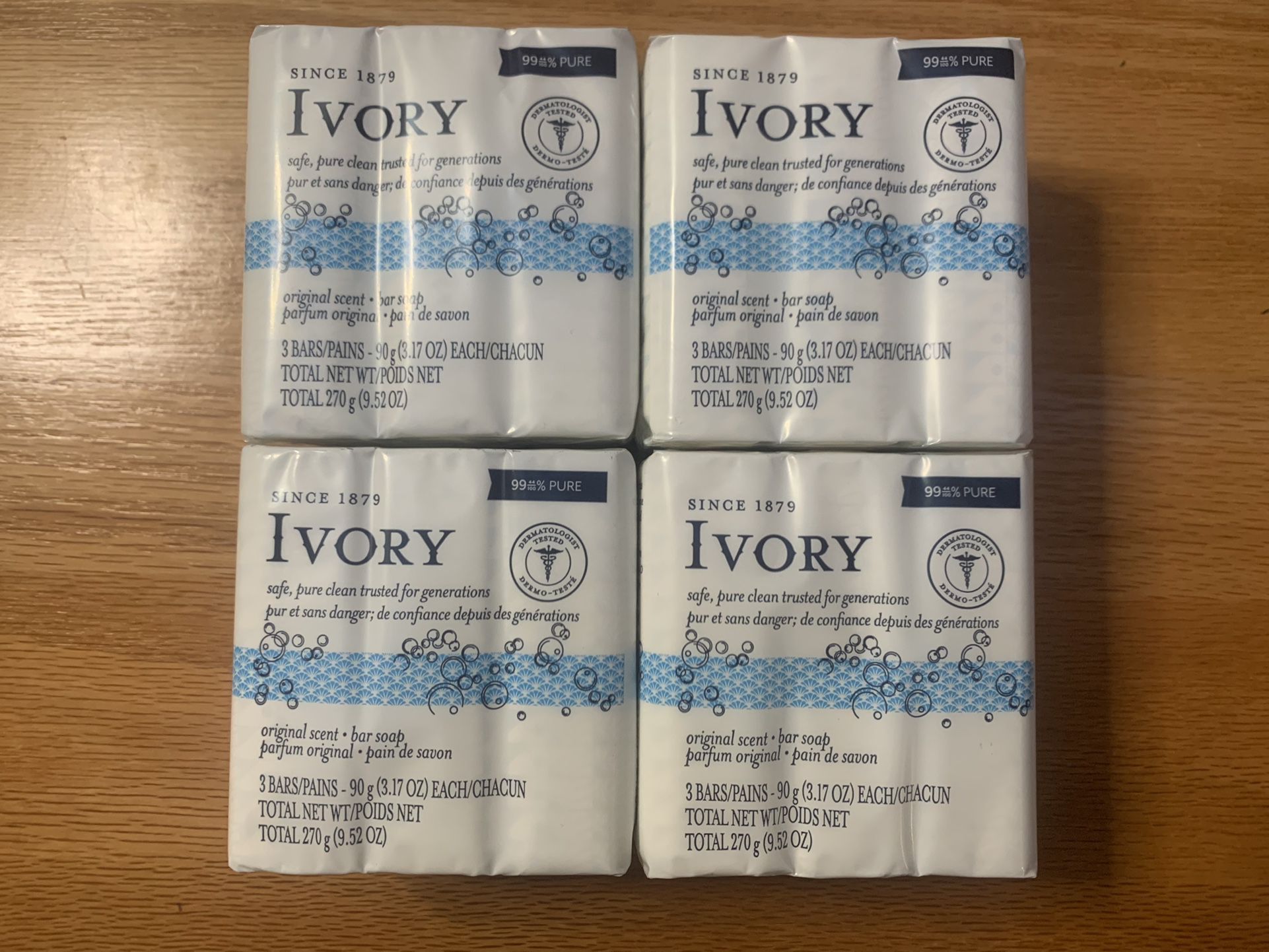 Lot of 4 Ivory Bar Soap Original Scent 3.17oz, 3 count, 12 Bars Total. 