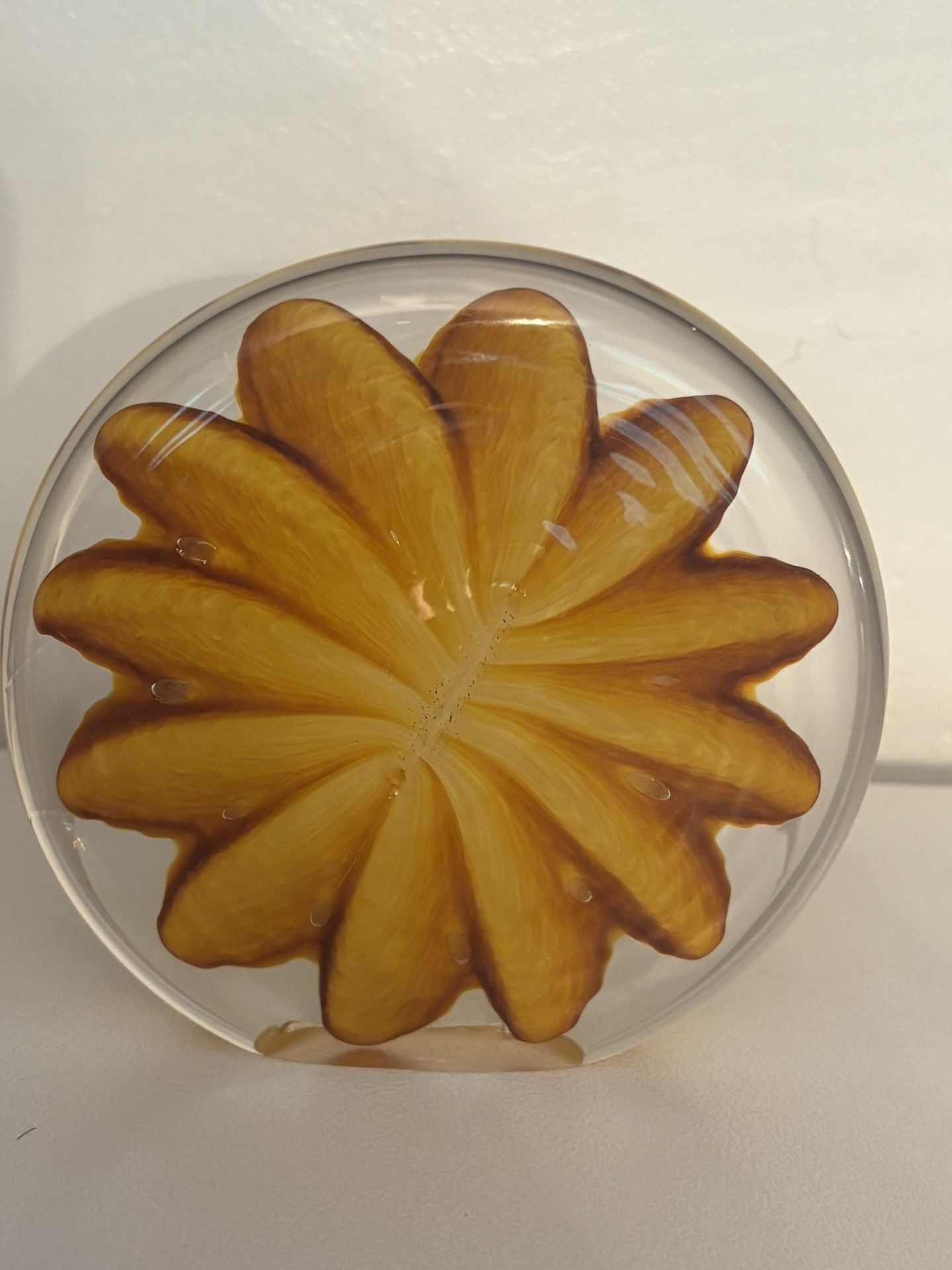 Kurt Walrath Art Deco Designer Signed Yellow Flower Glass Paperweight