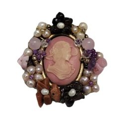 VTG Retro Style Pink Cameo Brooch Metal Filigree Carved Crystal Collection New  