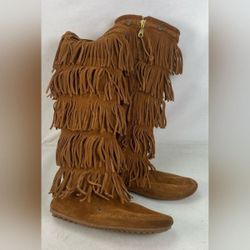 Minnetonka 5 Layer Fringe Brown Tan Suede Boots, Size 6 Suede Boots
