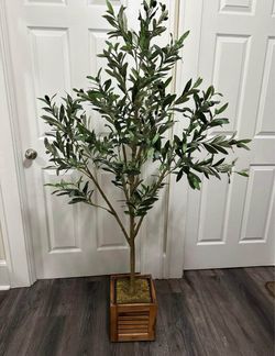 5’ Handmade Artificial Olive Tree in Wood Planter