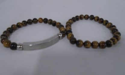 MENS 2 Beaded Tiger Eye Stretchy Bracelets - one with stainless steel