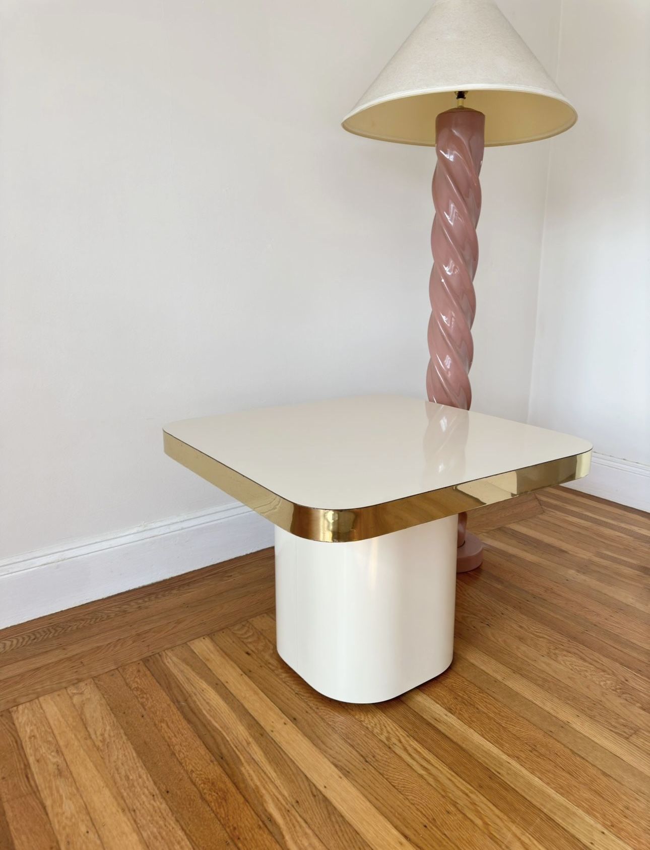 Vintage 80s White Ivory Lacquer Laminate Brass Pedestal Table