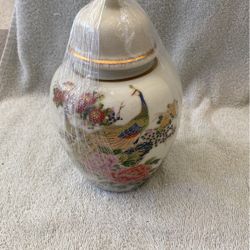 Vintage M. C. I. Japan Porcelain Lidded Ginger Jar With Peacocks And Gold Trim