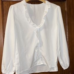 White Ruffled Top, Long Sleeves, Size: Medium 