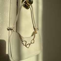 White Mini Shoulder Bag with Gold Heart Chain Detail