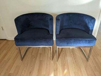 Upholstered Velvet Dining Chairs Set of 2 with U-Shaped Silver Metal Base in Navy Blue