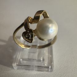 14K 585 Yellow Gold Natural Pearl & Diamond New Ring Size 8