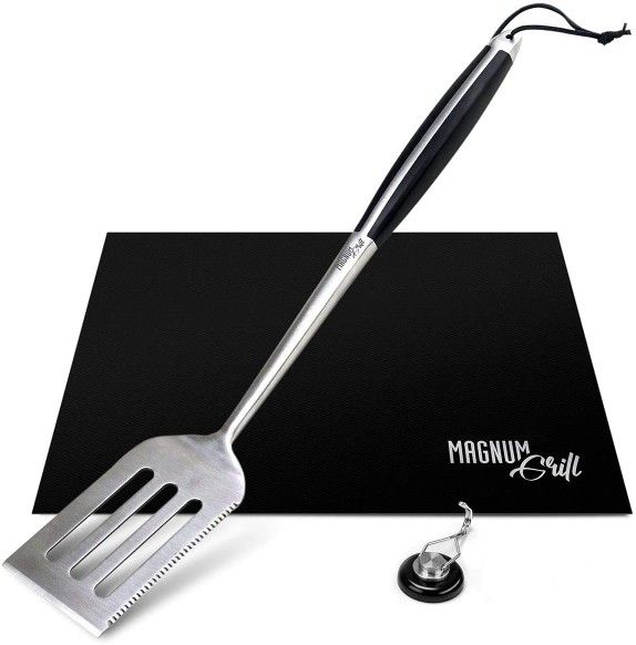 Magnum Grill Grilling Accessories 3 Piece BBQ Tools Set with 18" Grill Spatula Metal, BBQ Grill Mat and Extra Strong Magnetic Hook for Hanging