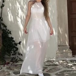 White Flowy Maxi Dress With Pleated Halter Top In Ancient Greek Roman Style 