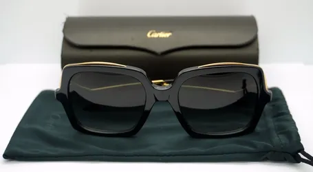 Cartier CT0117S Black and Gold-Tone Metal Panthere de Square Sunglasses w/ Case