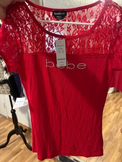 Bebe Red Lace Top with Rhinestone Logo