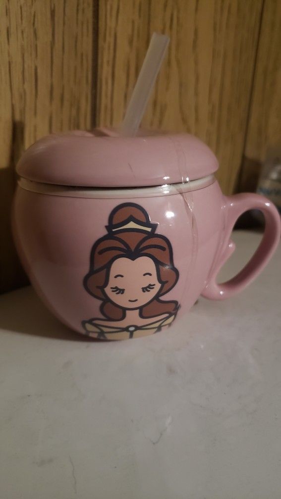 New Disney beauty and the beast Princess belle ceramic cup with lid and straw