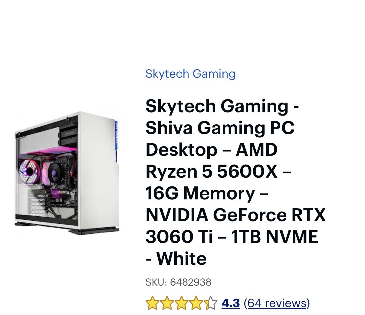 Skytech Gaming Shiva Gaming Pc Desktop AMD Ryzen 5 5600X 16Gb Memory NVIDIA  GeForce RTX 3060  Ti - 1TB NVME - White 