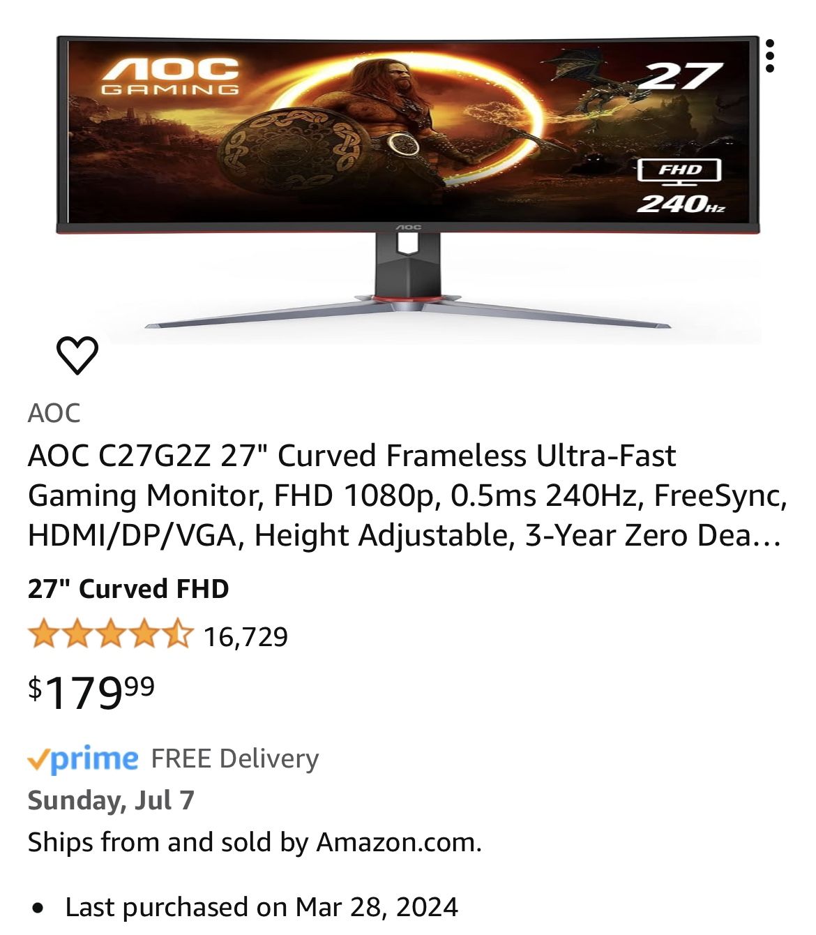 AOC C27G2Z 27" Curved Frameless Ultra-Fast Gaming Monitor