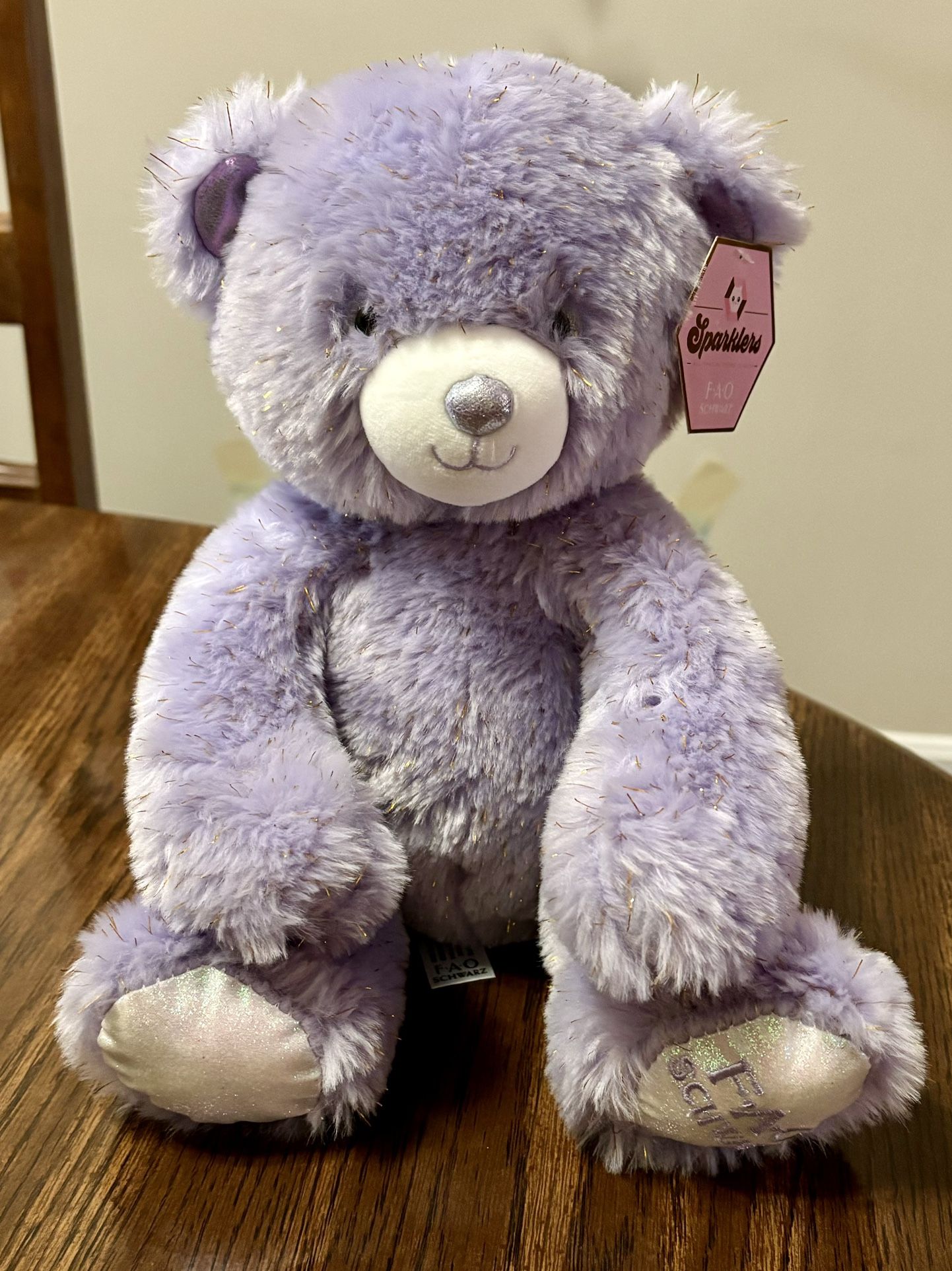 FAO Schwarz Sparklers Teddy Bear 10 Inch Soft Plush Lavender Purple Gold Accents