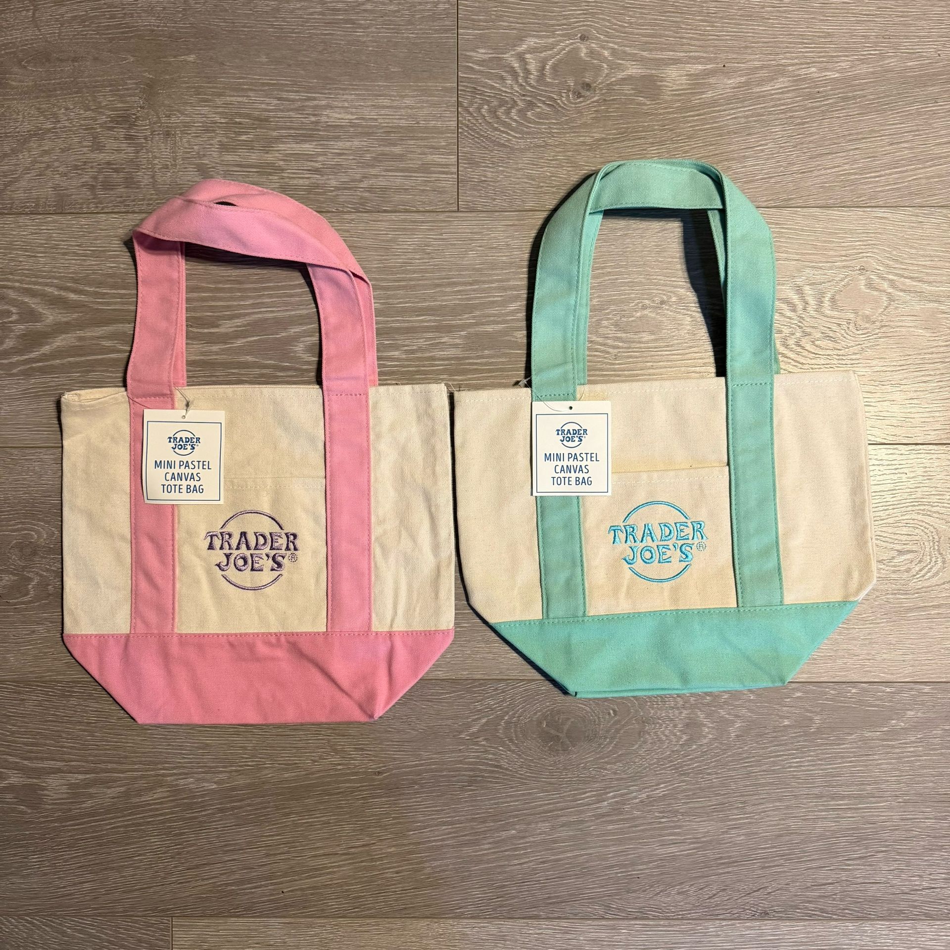 Set Of 2 New Trader Joe’s Pastel Mini Canvas Tote Bags Pink & Green