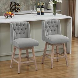 Upholstery Bar Stools Set of 2, 26 Inch Counter Height Barstools with Solid Wood Legs, 360° Swivel Stools for Island, Kitchen(Gray)