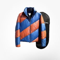 Orange and blue striped leather BOTTEGA VENETA puffer jacket. Elasticated hem. Zip closure. Silver-tone hardware. Black polyester lining.   Made in It