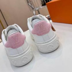Louis V uitton New Time Out Collection Platform White Sneakers | White with Pink Accents | Boldly Stylish & Vibrant